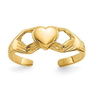 14k Yellow Gold Solid Toe Ring Polished Claddagh Adjustable